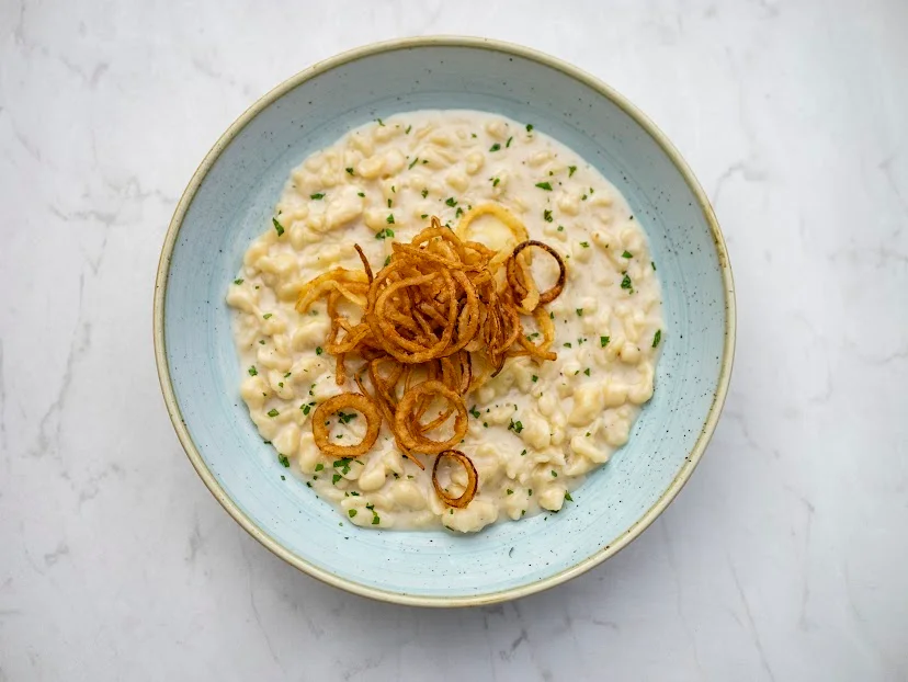 Homemade Spätzli with crispy onions